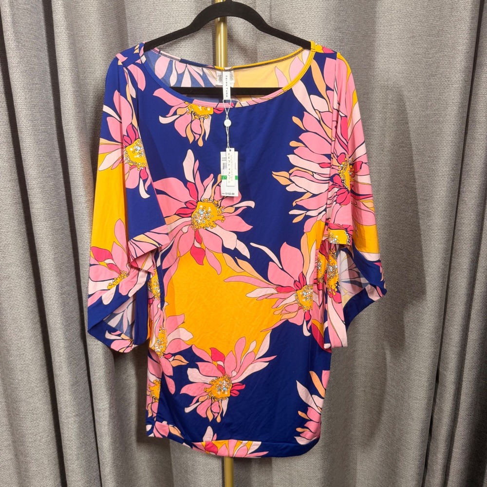 Trina Turk Floral Long Sleeve‎ One Piece Swimsuit & Cover Up Set Blue Pink Large